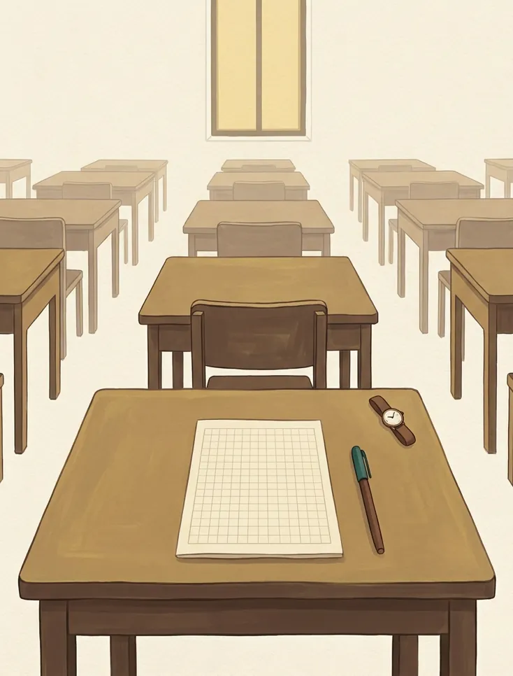 An exam hall desk before the paper begins: a blank answer booklet, a pen laid beside it, a wristwatch at the corner, rows of empty desks behind.