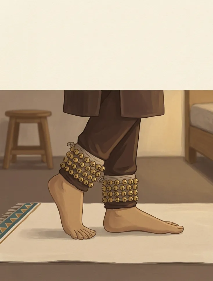 A student's feet in ghunghroo during tatkar practice on a cotton mat at home, one heel just lifting.