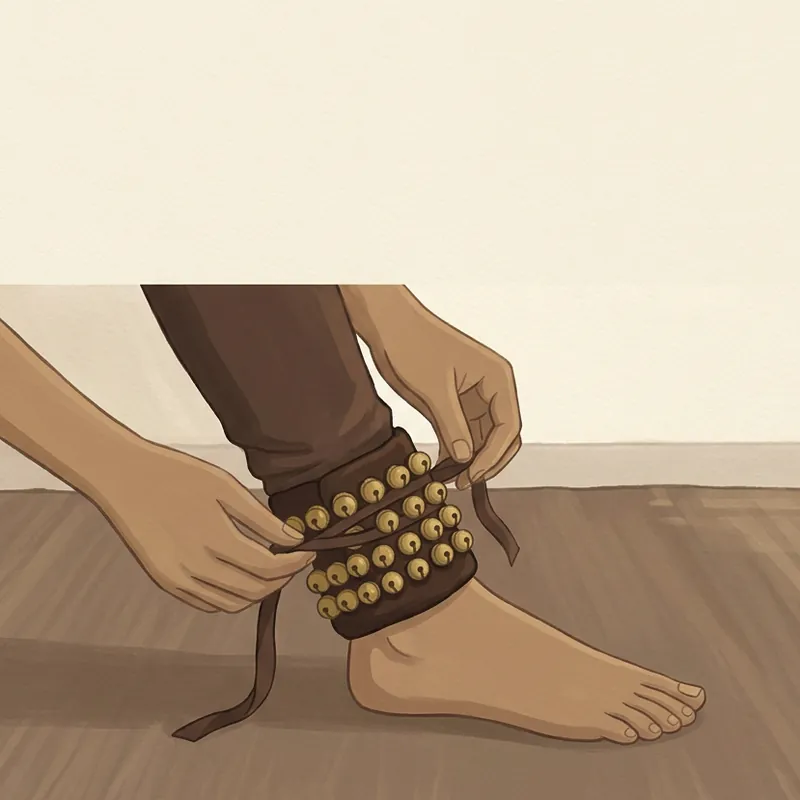 Two hands tying a ghunghroo pad around an ankle, sitting on a mat on the floor.